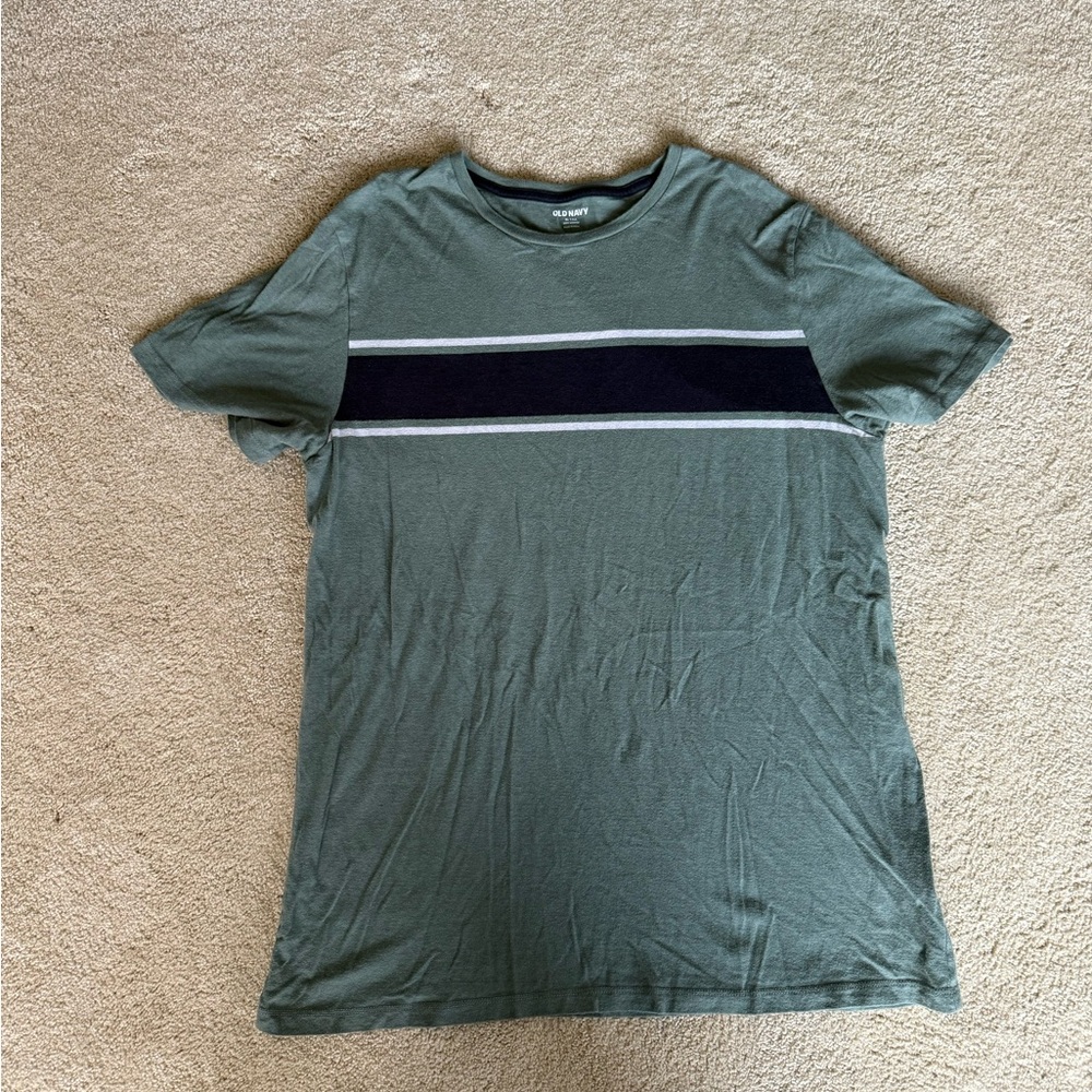 Old Navy Men's Olive T-Shirt with Black and Gray Stripe